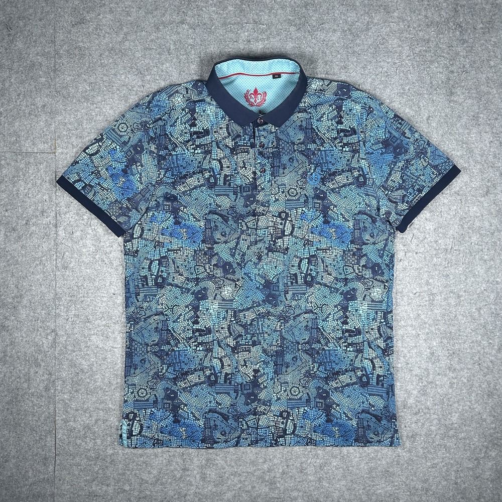 Au Noir Polo Shirt Mens Large Blue Mosaic Print All Over Short Sleeve Mercerized